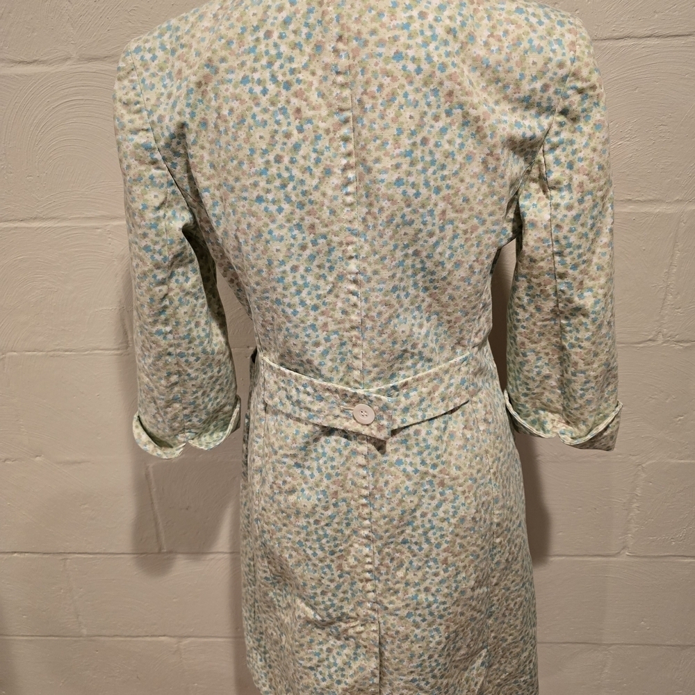 VINTAGE Express Floral Trench Lime Green/Blue Notched Collar 3/4 Sleeve Pockets. - Picture 6 of 16